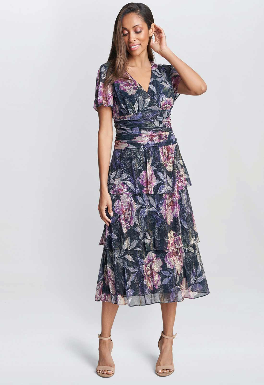 Gina Bacconi Katy Midi Printed Dress With Tiered Skirt
