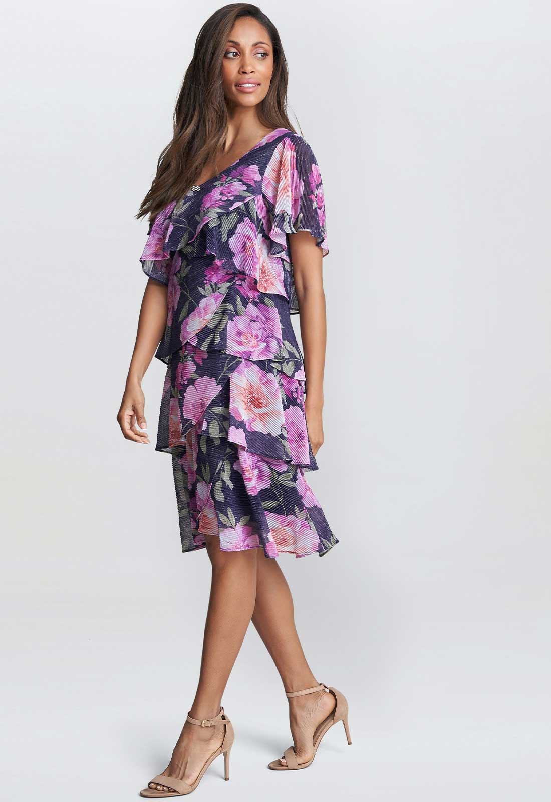 Gina Bacconi Libby Printed V Neck Dress With Tiers And Embellished Neck