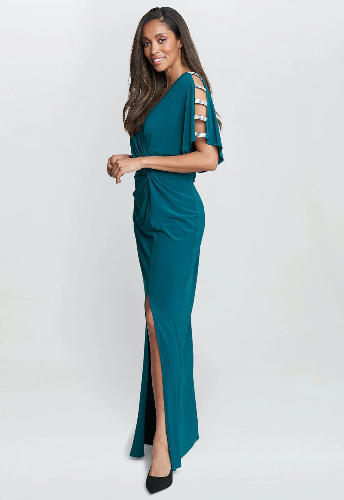 Gina Bacconi Green Pascale Long Knot Front Jersey Dress