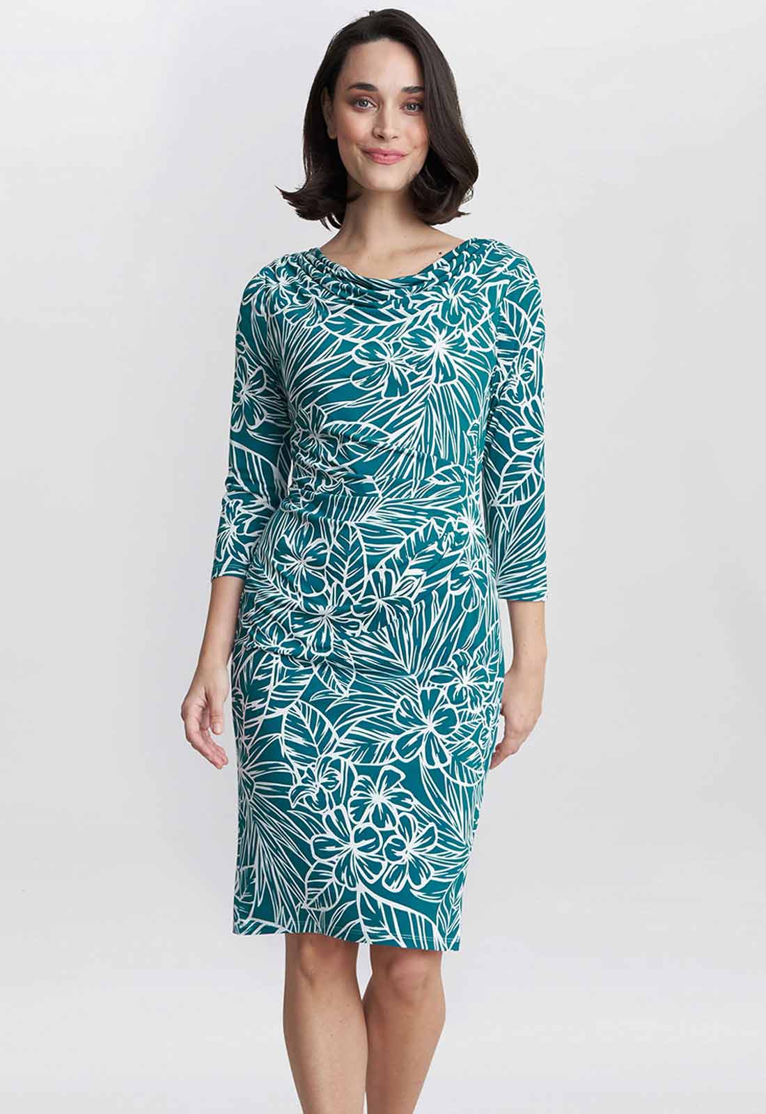Gina Bacconi Teal Adeline Printed Jersey Cowl Neck Dress