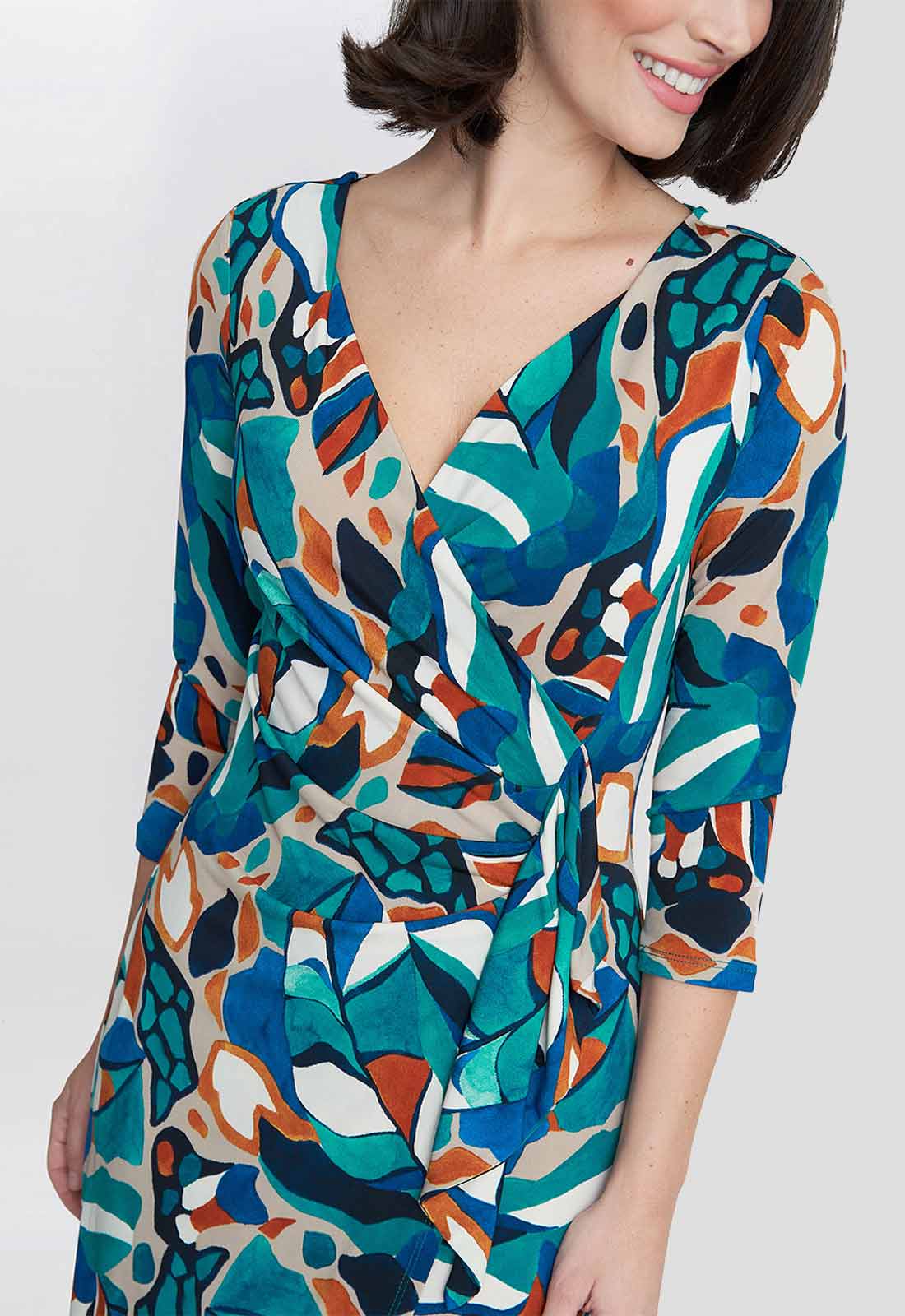 Gina Bacconi Turquoise Beatrix Printed Jersey Ruffle Dress