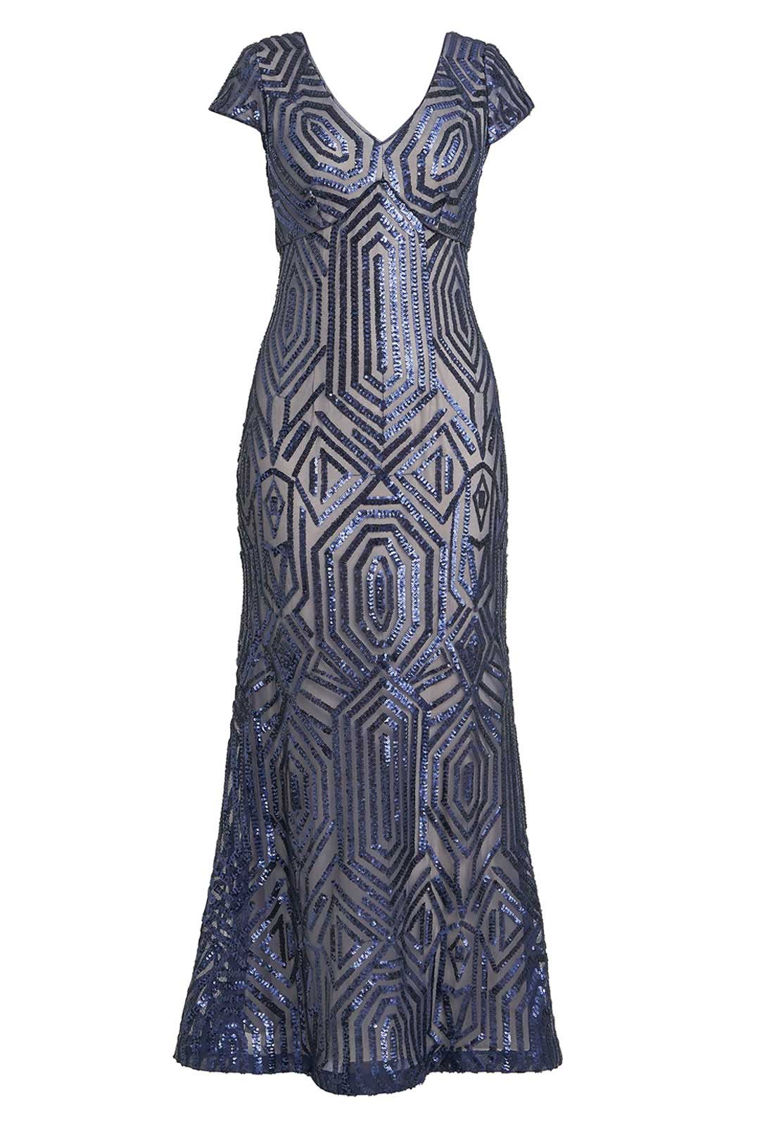 Gina Bacconi Silver Marcia Sequin Fishtail Gown
