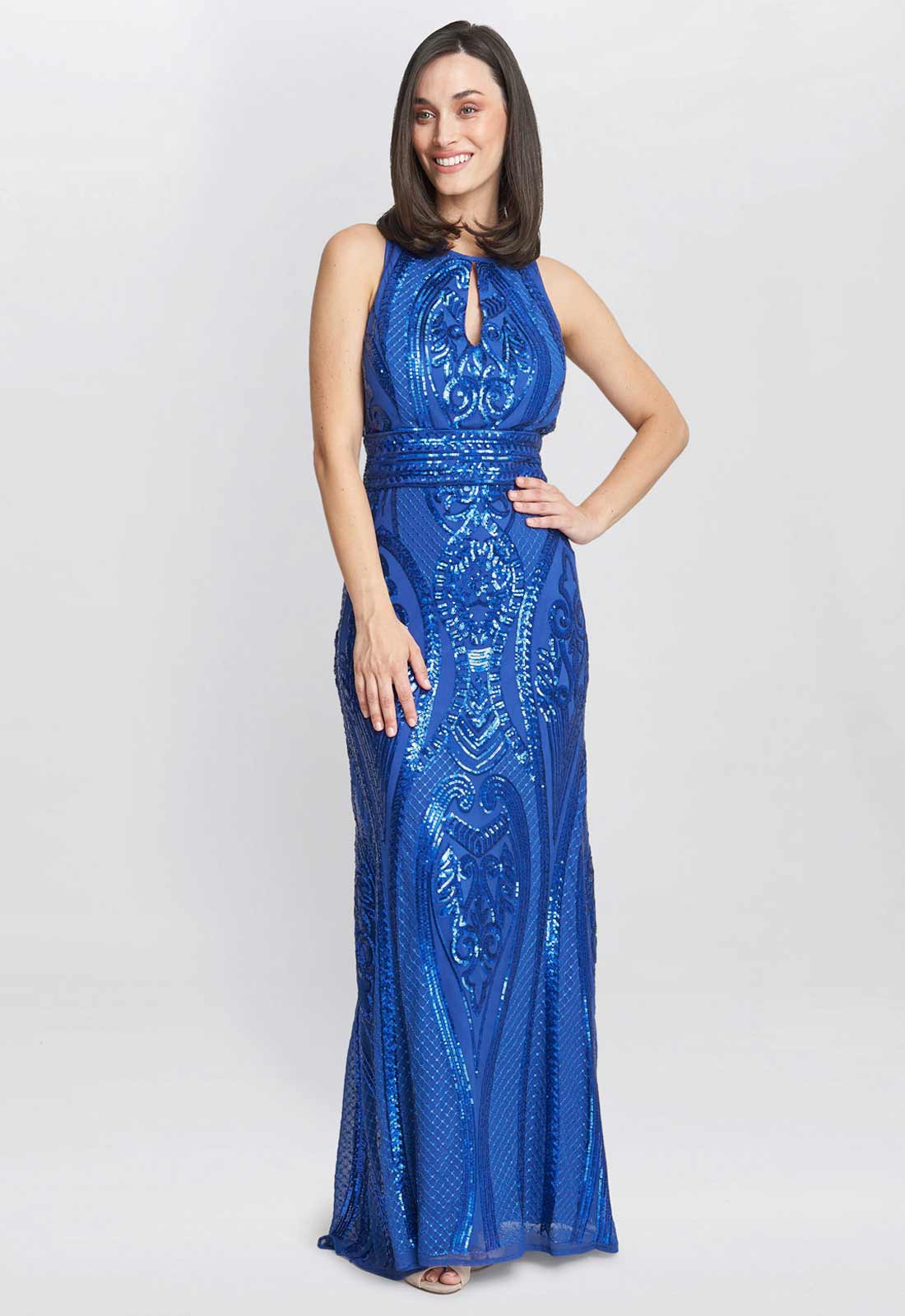 Gina Bacconi Natalie Sequin Beaded Keyhole Maxi Dress