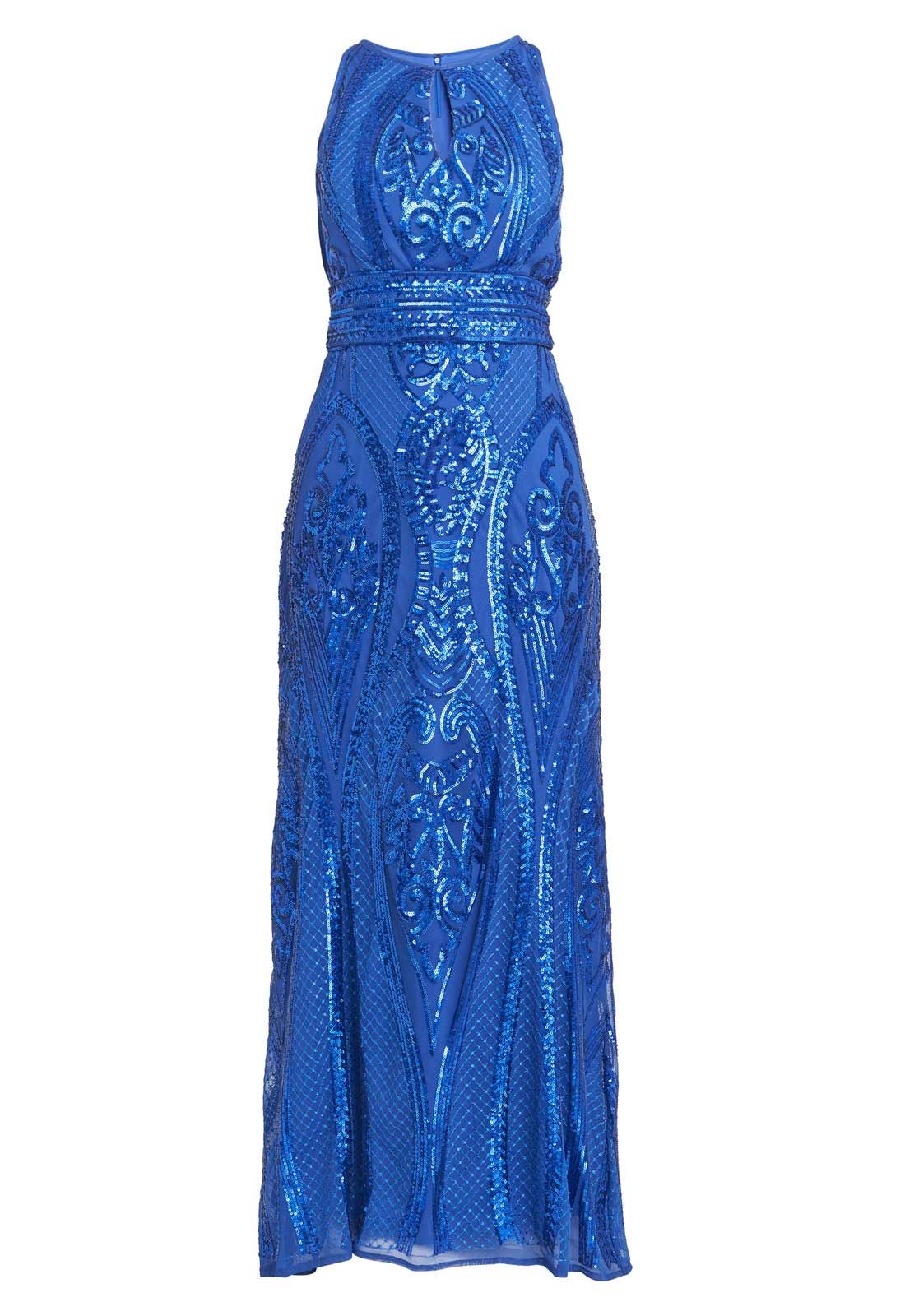 Gina Bacconi Natalie Sequin Beaded Keyhole Maxi Dress