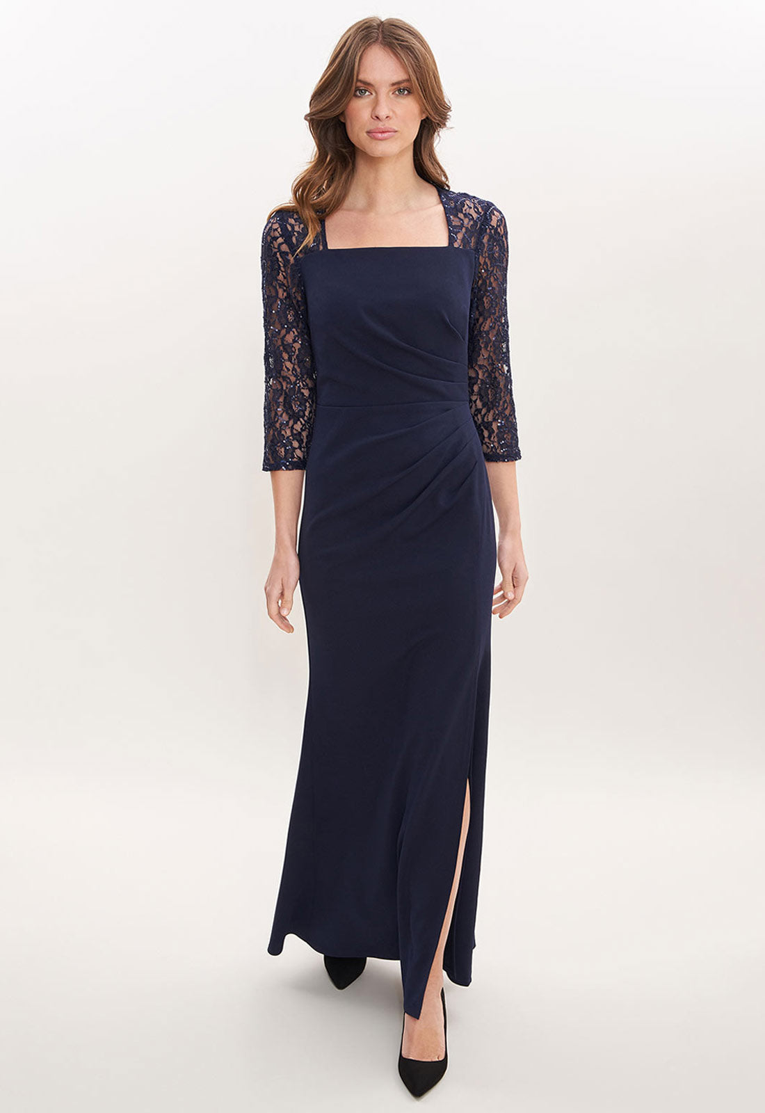 Gina Bacconi Navy Una Maxi Dress With Lace Sleeves