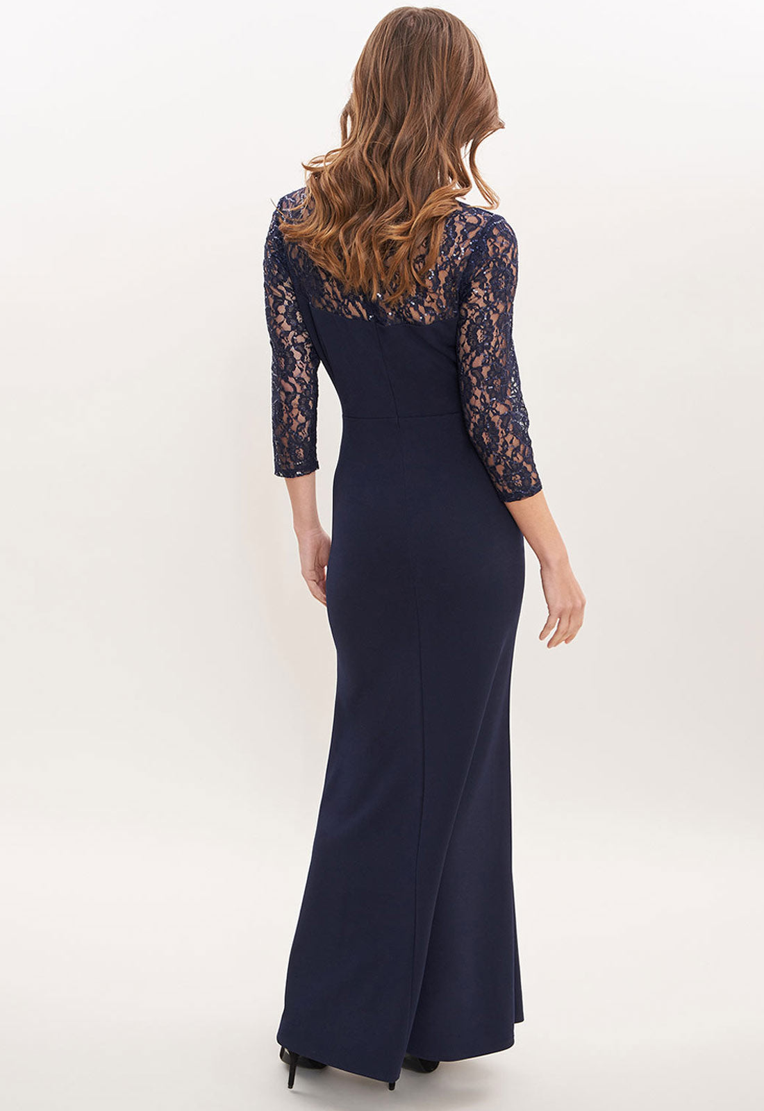 Gina Bacconi Navy Una Maxi Dress With Lace Sleeves