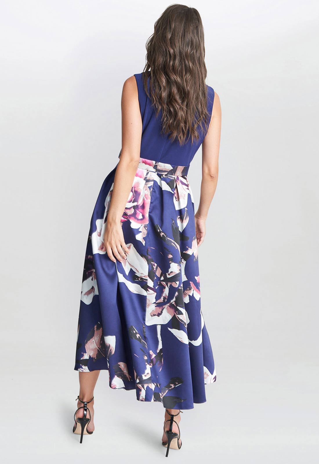 Gina Bacconi Navy Megan Sleeveless Floral High Low Dress