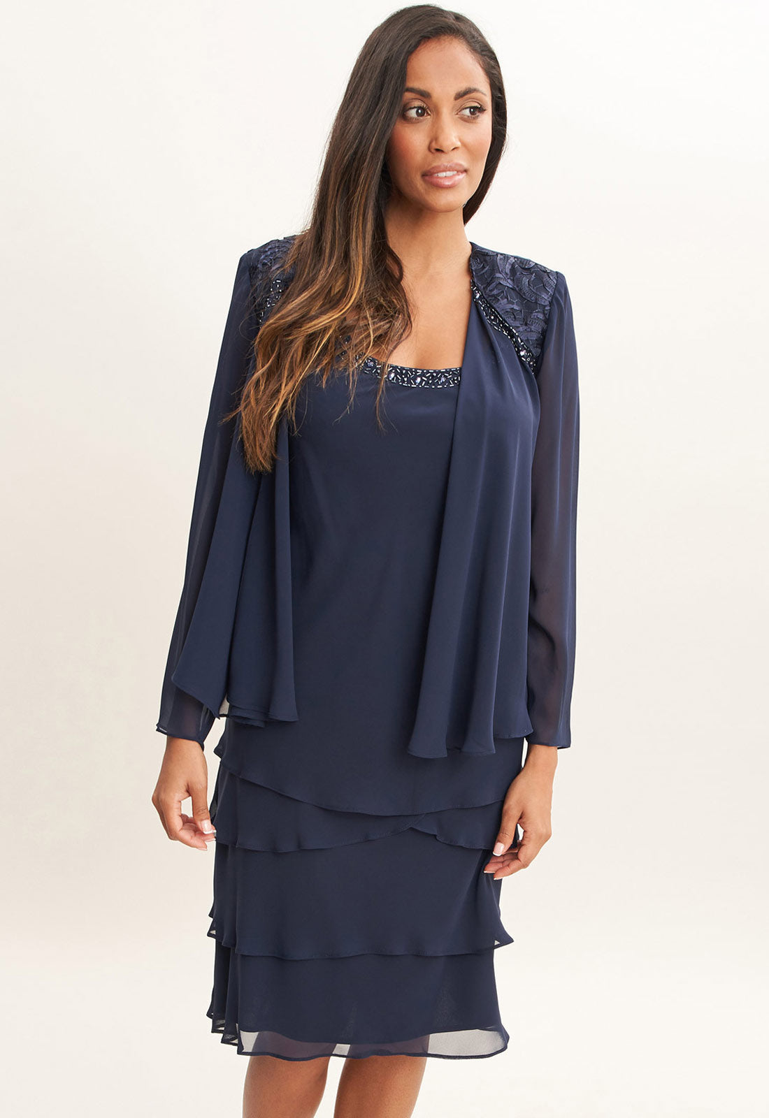 Gina Bacconi Spring Navy Camira Lace Shoulder Bead Tier Jacket Dress