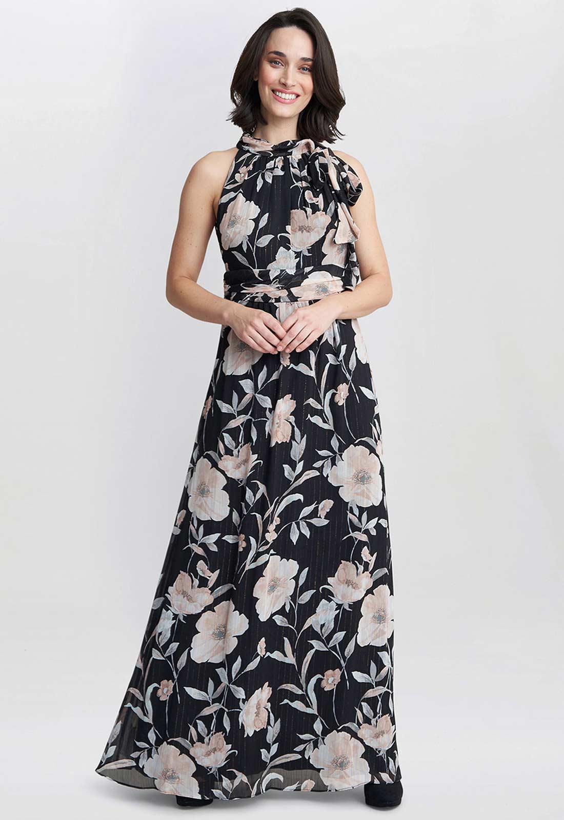 Gina Bacconi Printed Maxi Dress With Tie Neckline Detail