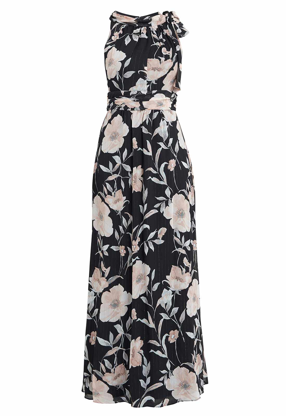 Gina Bacconi Printed Maxi Dress With Tie Neckline Detail