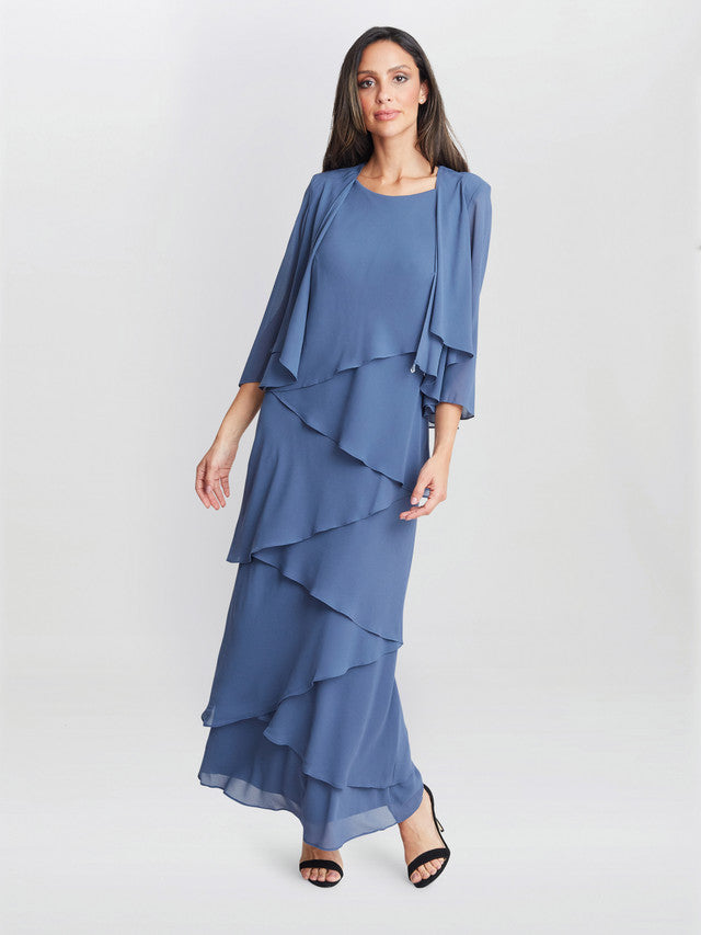 Gina Bacconi Wedgewood Colette Jacket And Asymmetric Tiered Dress