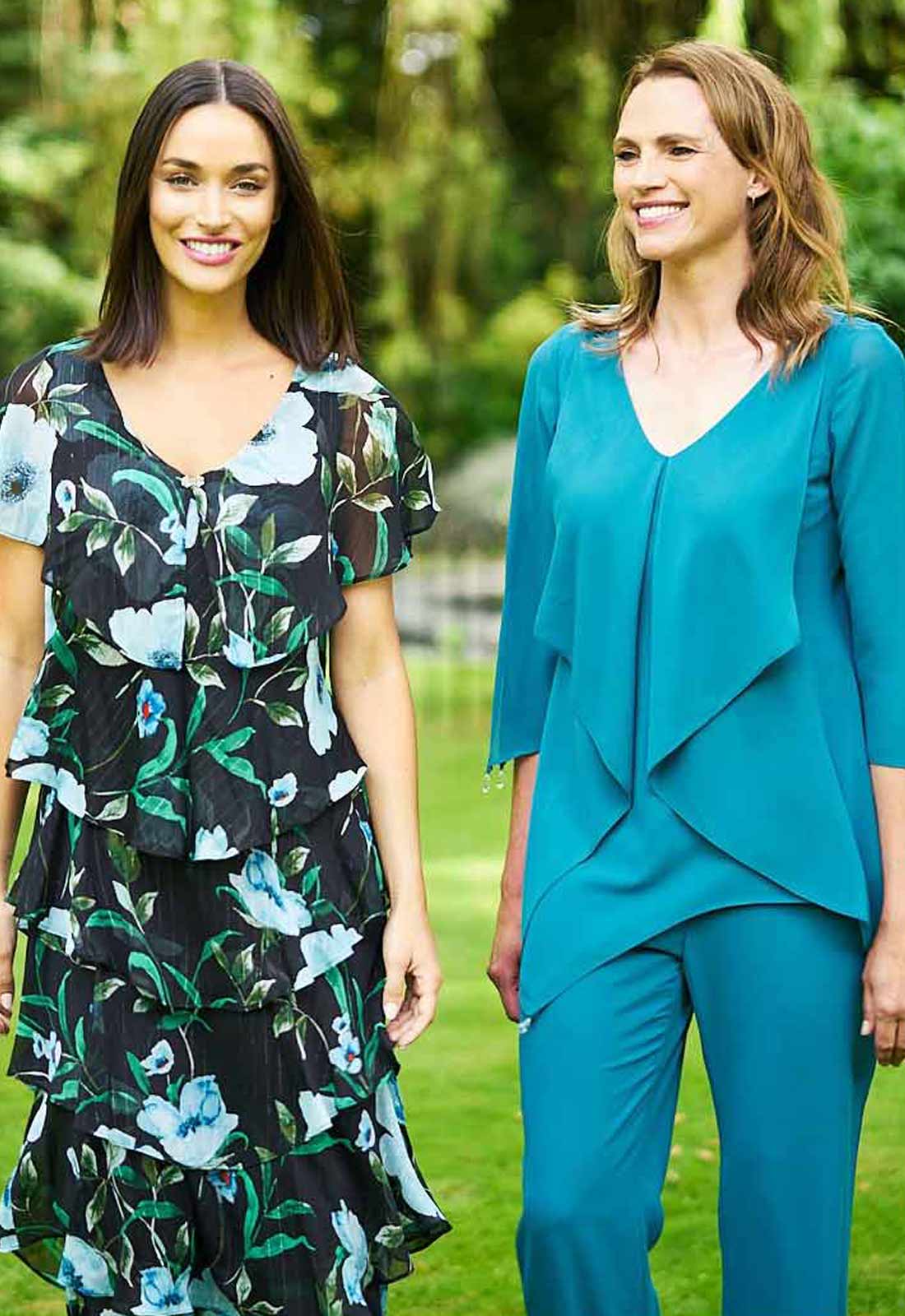Gina Bacconi Bright Teal Frances Printed Midi Tiered Dress