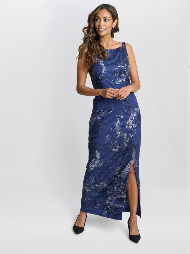 Gina Bacconi Blue Blake Floral Sequin Ankle Length Dress