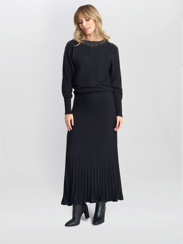 Gina Bacconi Black Celestina Long Pleated Knit Skirt
