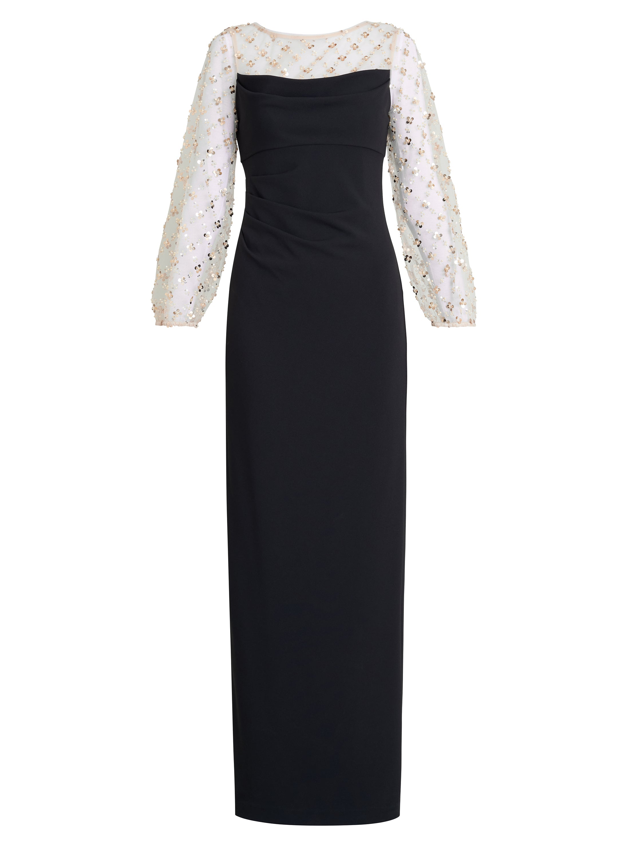 Gina Bacconi Black / Gold Arielle Embellished Mesh Sleeve Dress