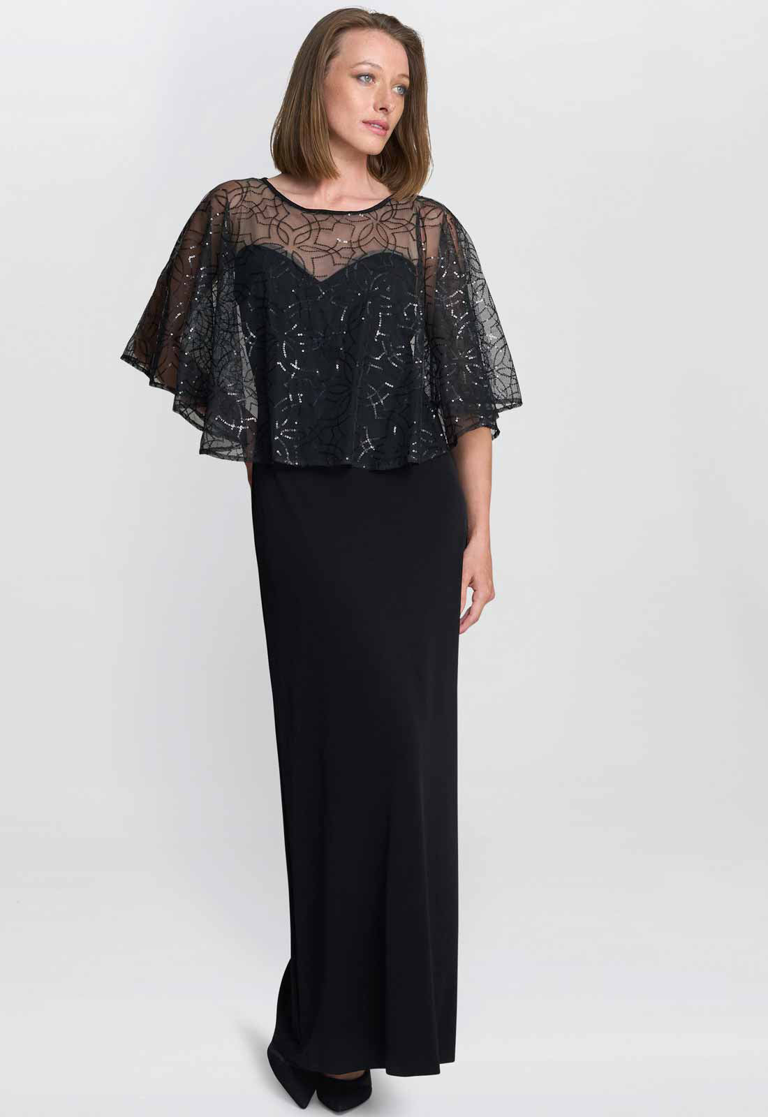 Gina Bacconi Black Anoushka Maxi Dress With Sheer Beaded Cape