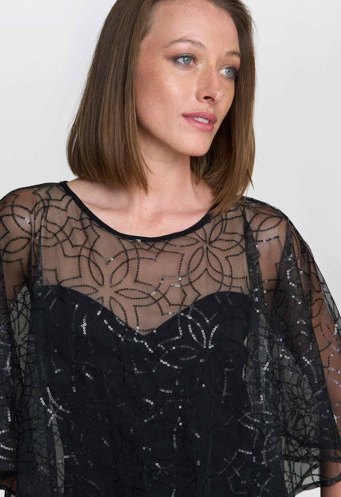 Gina Bacconi Black Anoushka Maxi Dress With Sheer Beaded Cape