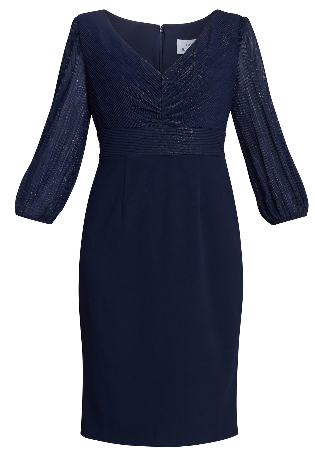 Navy blue dress with long sleeves on a white background