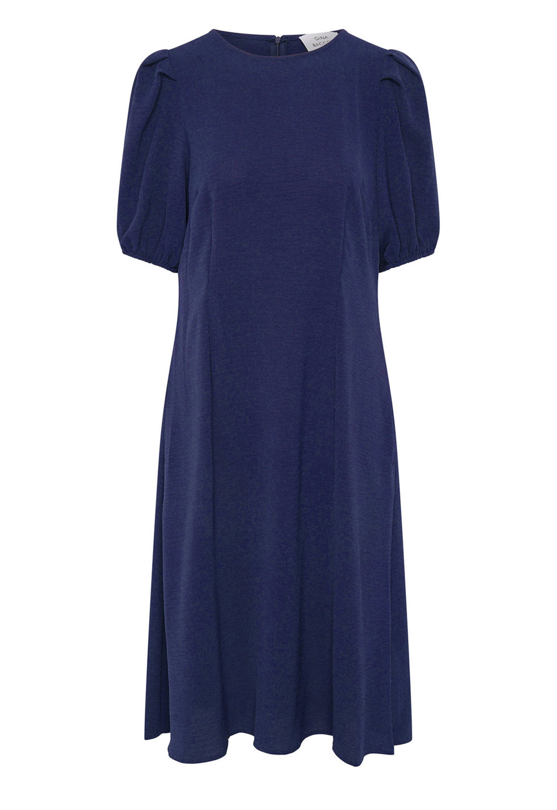 Navy blue dress with short sleeves on a white background