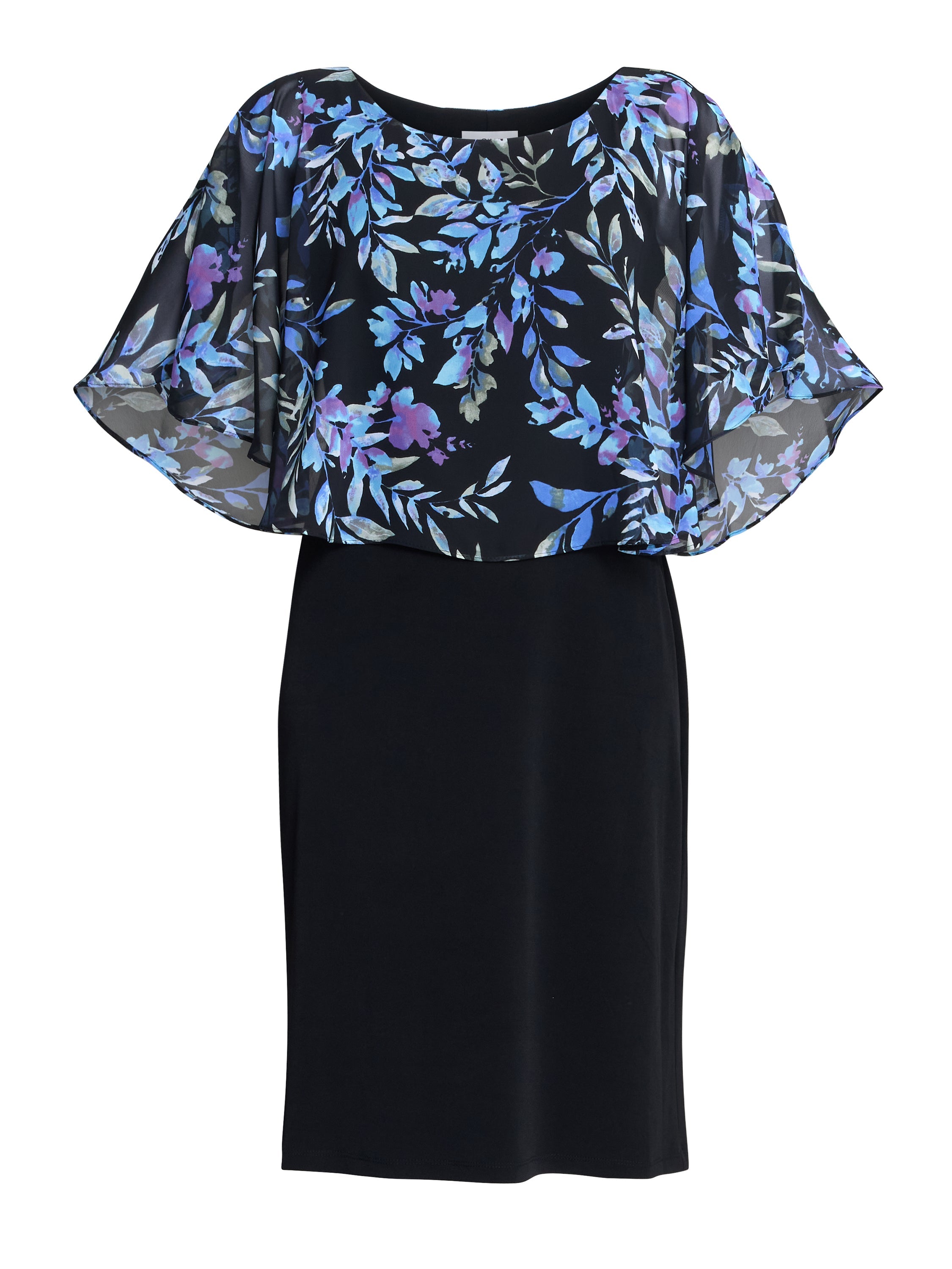 Gina Bacconi Black / Blue Jenny Floral Chiffon Overlay Dress