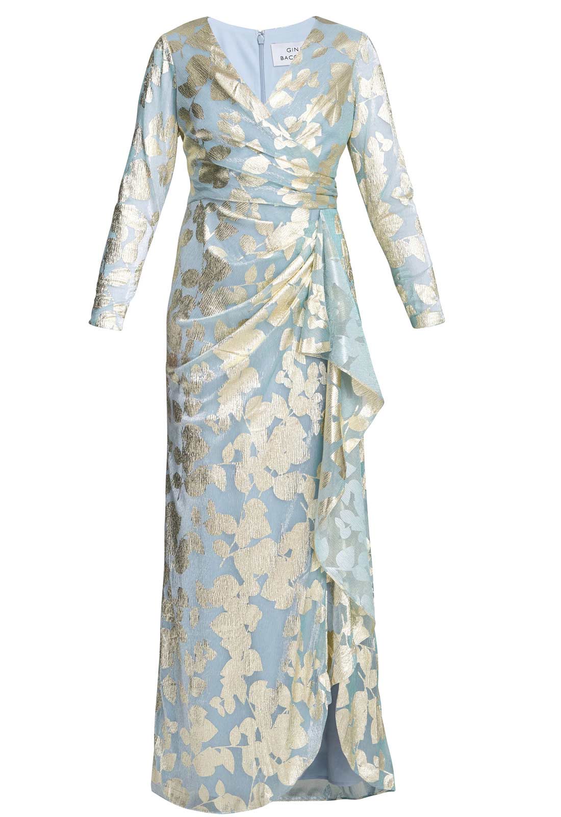 Long floral dress with a pattern of blue and beige on a white background