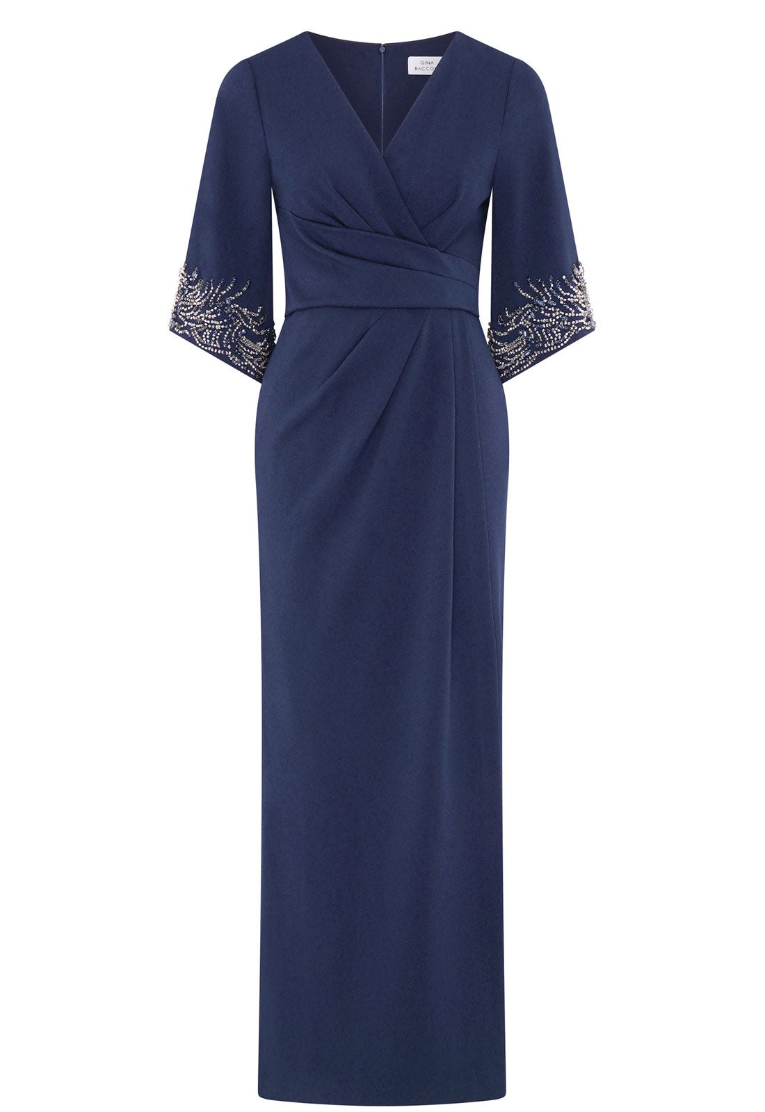 Navy blue dress with silver embellishments on sleeves against a white background