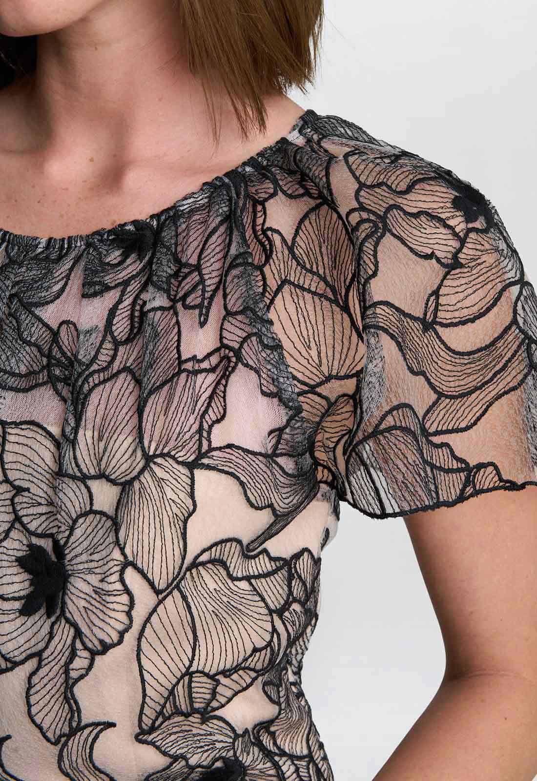 Close-up of a person wearing a black floral lace dress against a white background