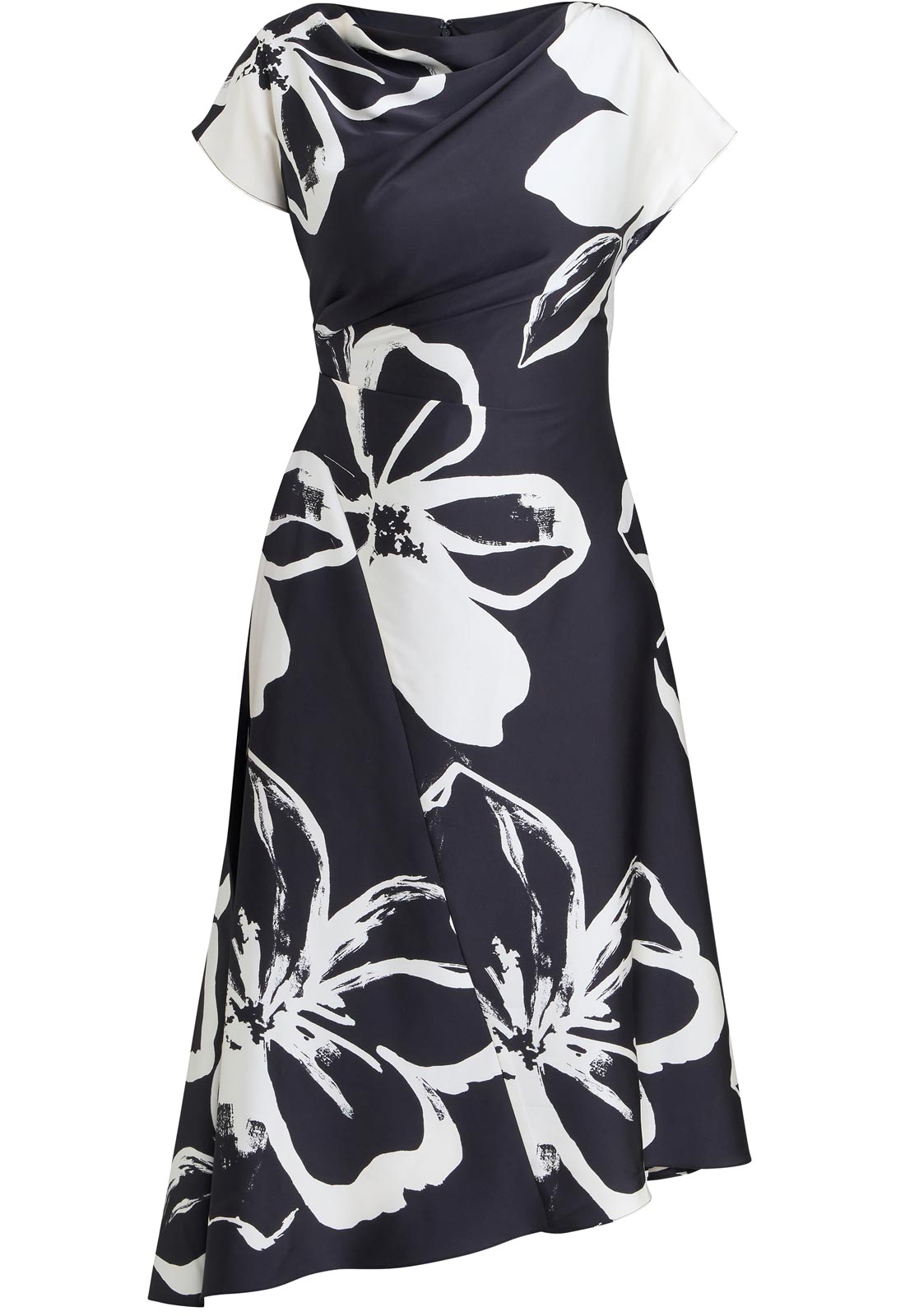 Navy dress with white floral pattern on a white background