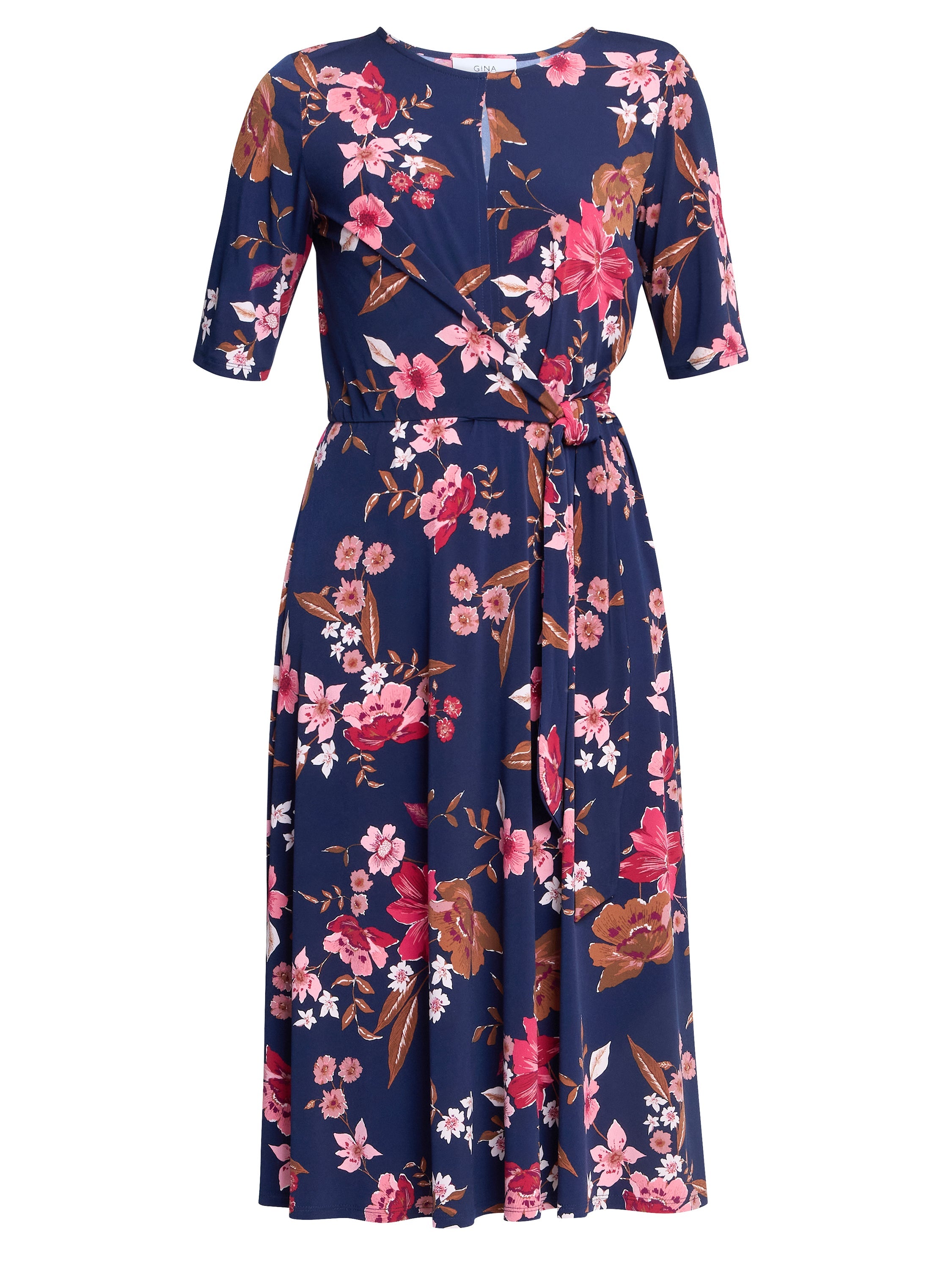 Gina Bacconi Navy / Red Lou Floral Print Midi Dress