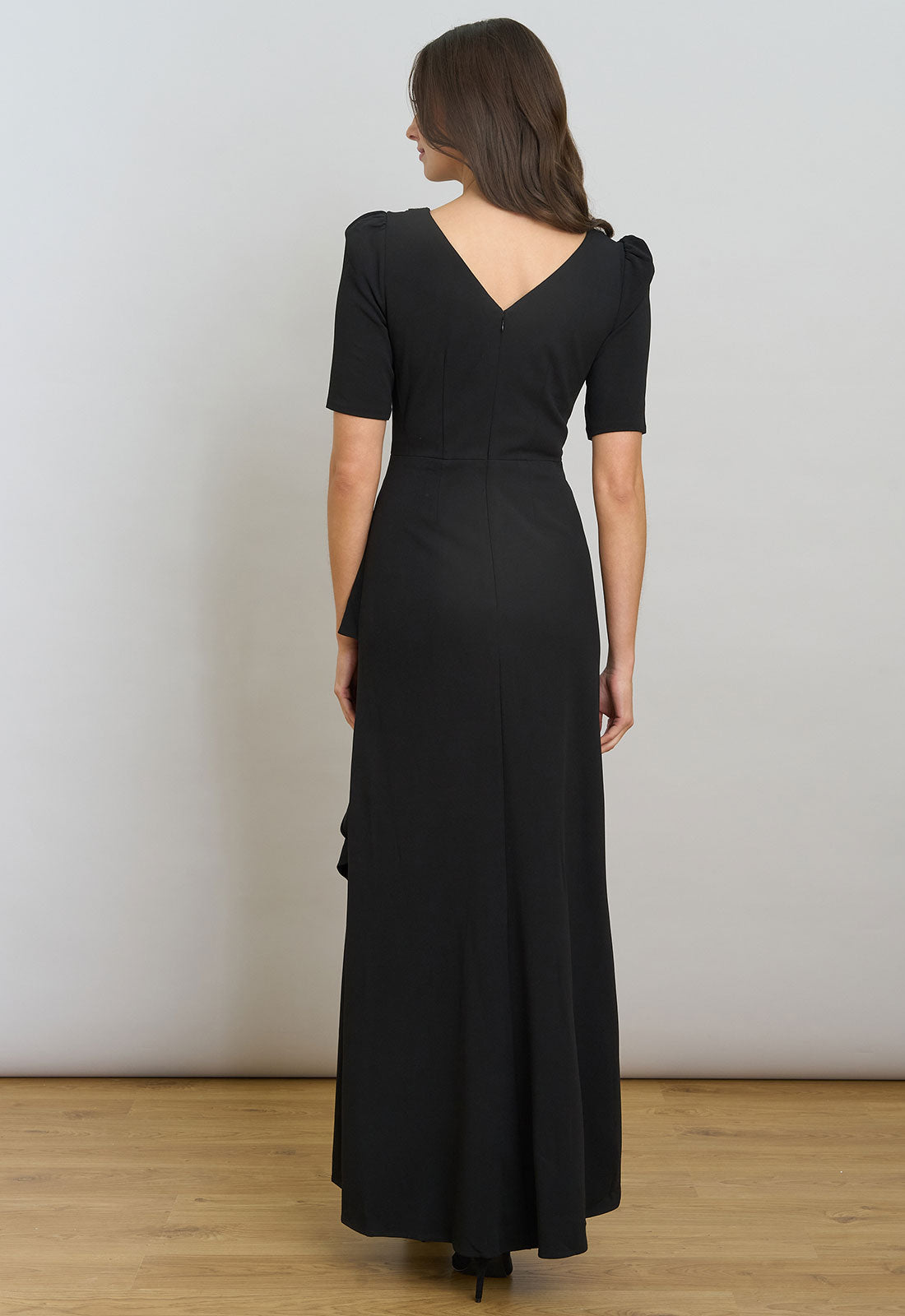 back view of Gina Bacconi Black Paola Beaded Neck Maxi Dress
