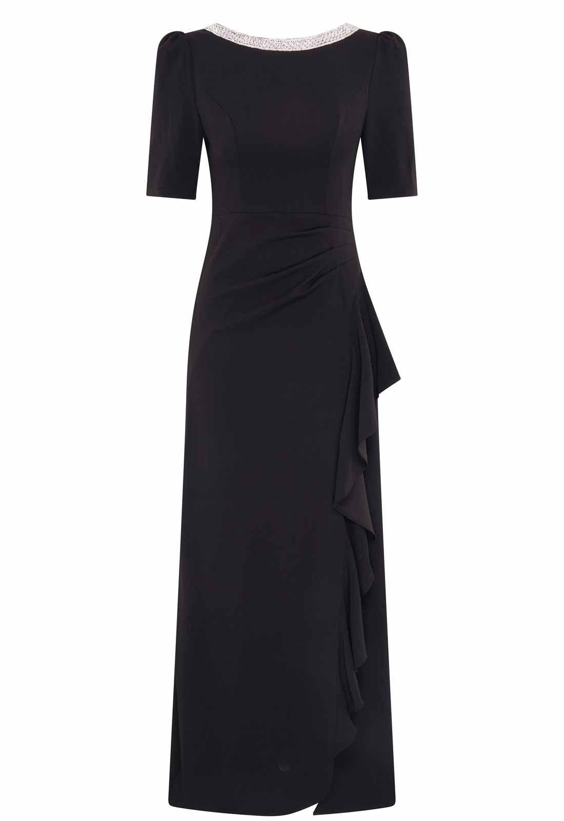Black evening gown with a draped design on a white background