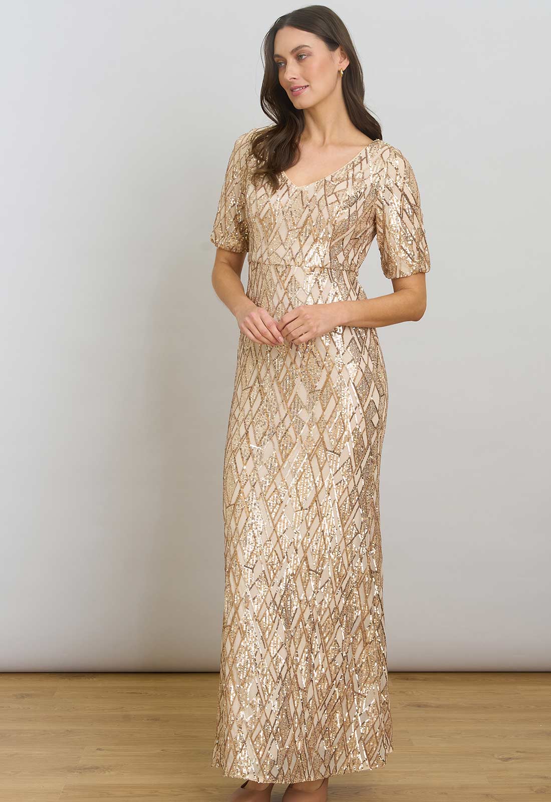 Gina Bacconi Gold Pat Sequin Maxi Dress