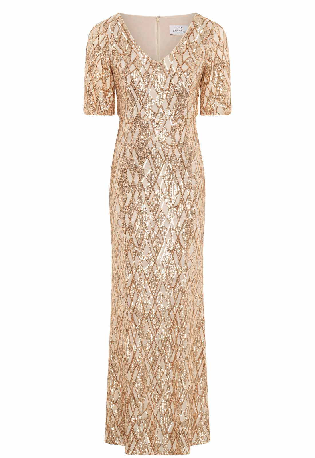 Gina Bacconi Gold Pat Sequin Maxi Dress cut out