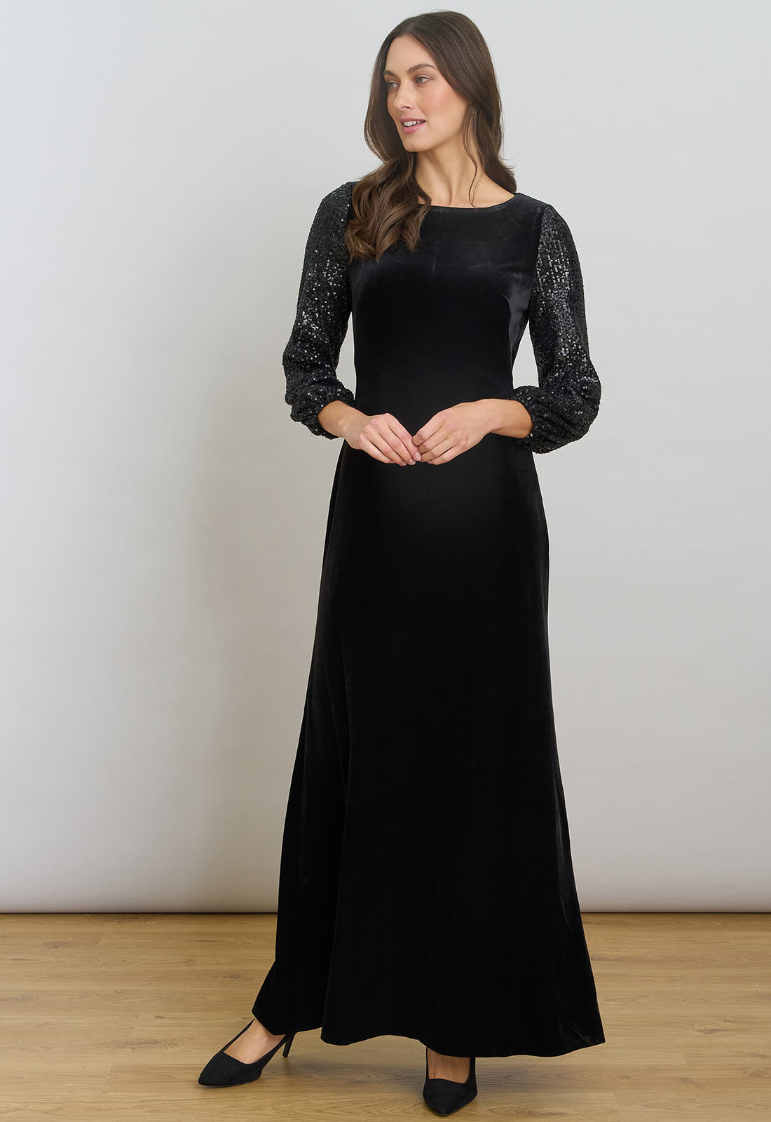 Gina Bacconi Black Pauline Velvet Maxi Dress With Sequin Sleeves