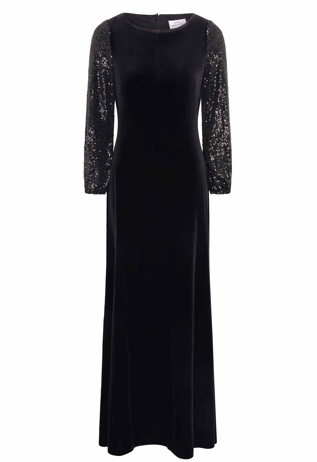 Gina Bacconi Black Pauline Velvet Maxi Dress With Sequin Sleeves cut out