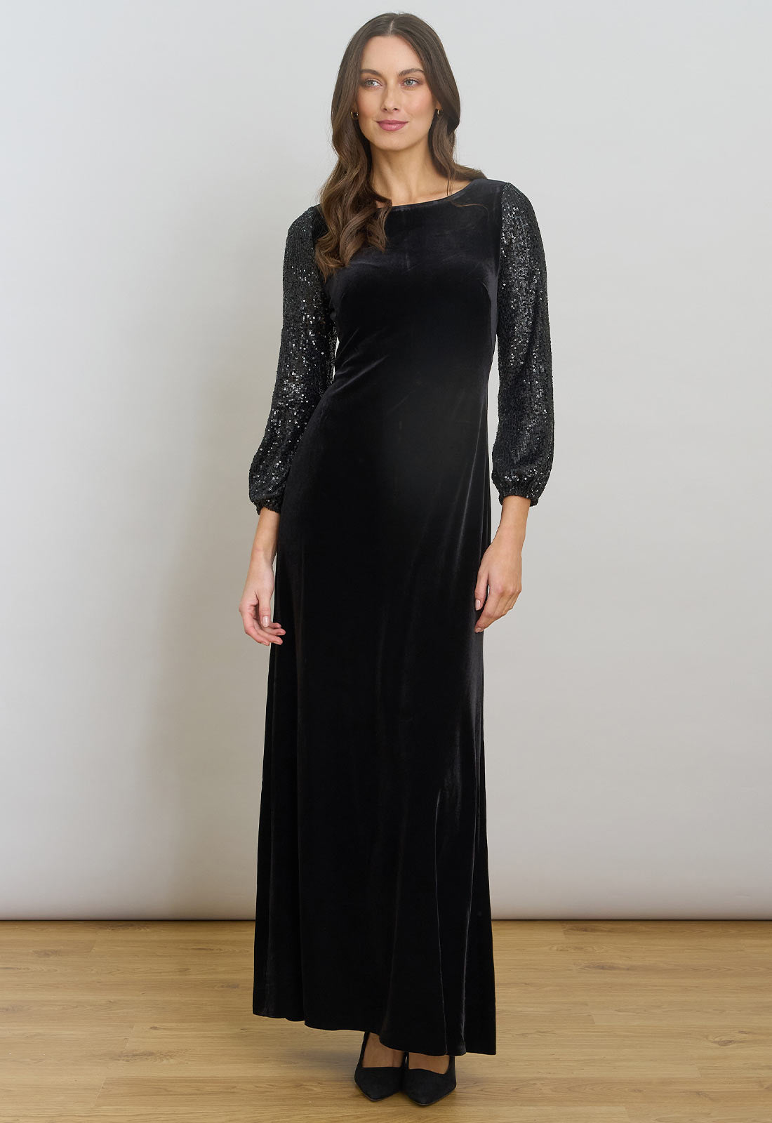 Gina Bacconi Black Pauline Velvet Maxi Dress With Sequin Sleeves party