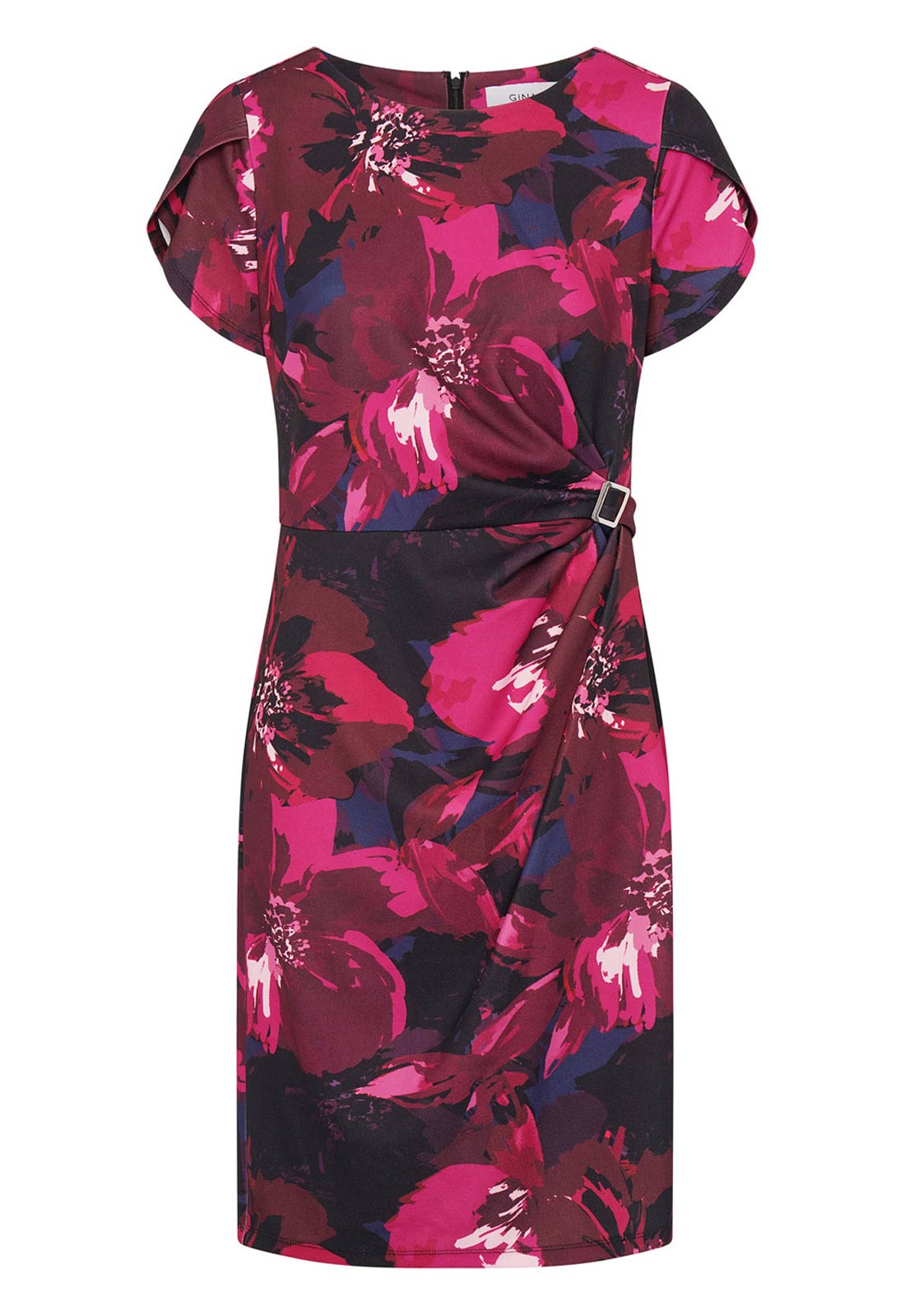 Floral patterned dress with a belt on a white background