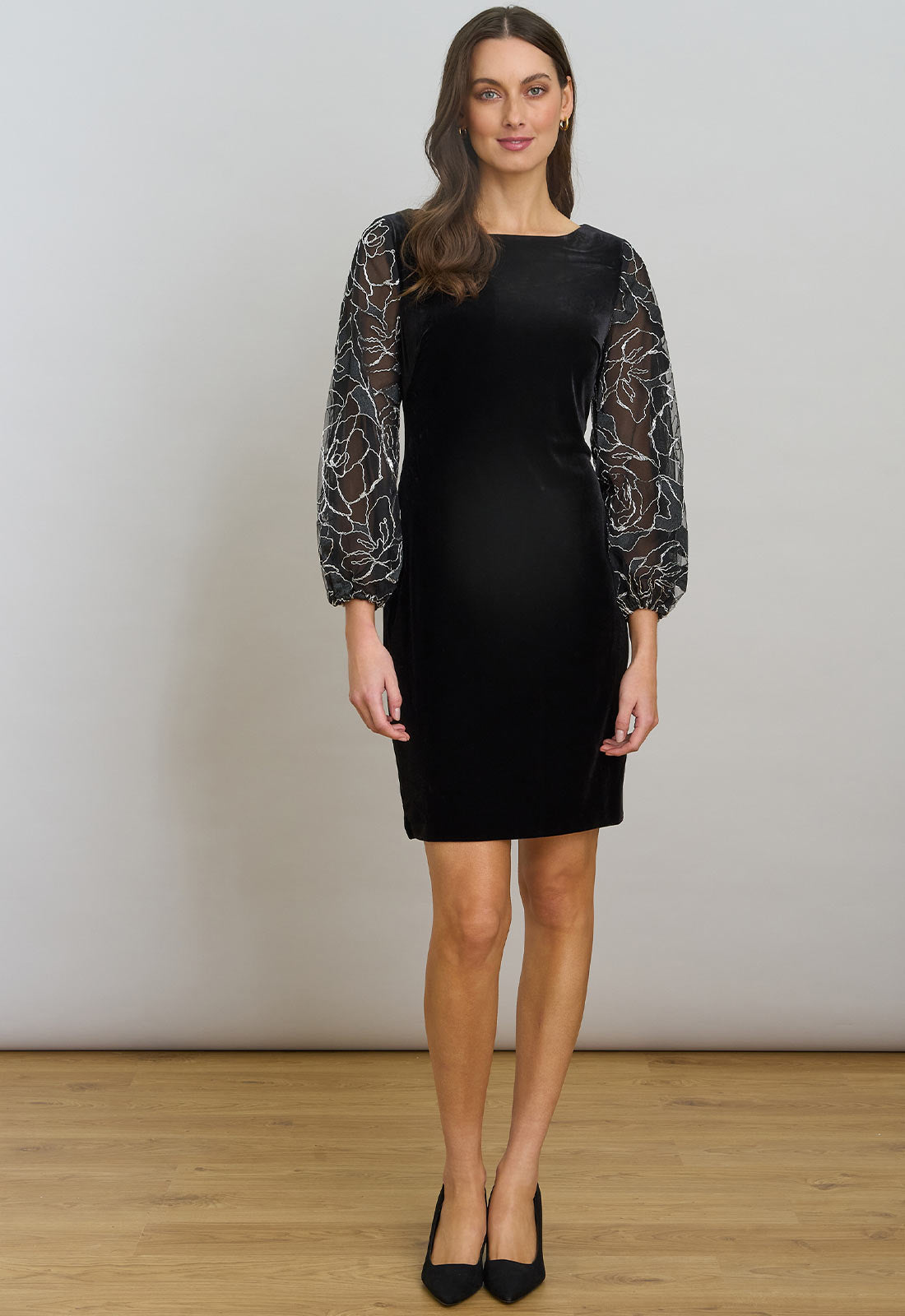 Gina Bacconi Black / Silver Sky Velvet Dress With Sheer Embroidered Sleeves