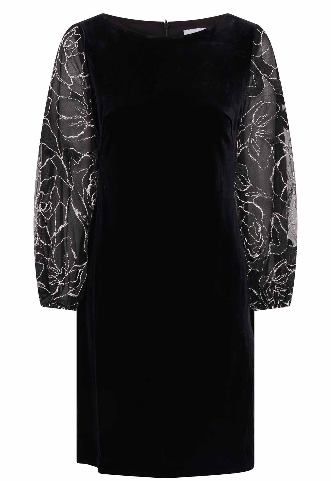 Gina Bacconi Black / Silver Sky Velvet Dress With Sheer Embroidered Sleeves
