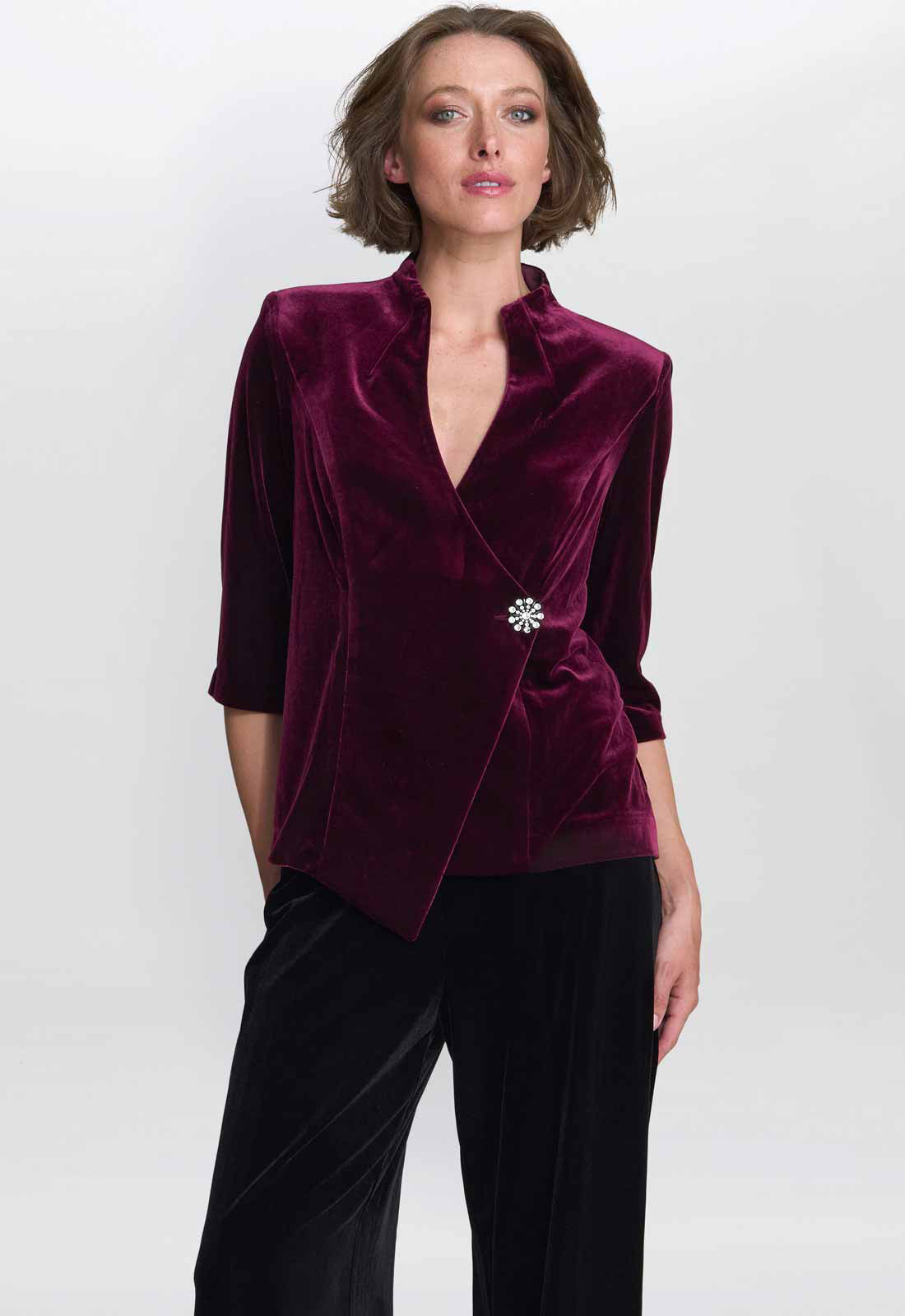 Gina Bacconi Wine Tayla Velvet Wrap Blouse