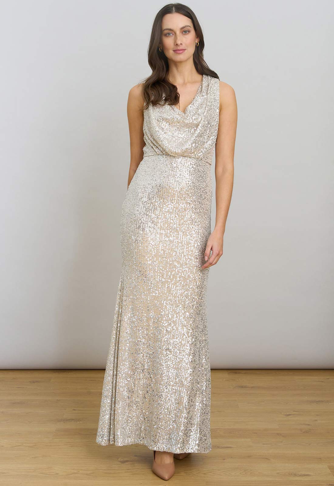 Gina Bacconi Silver Terri Sequin Maxi Dress