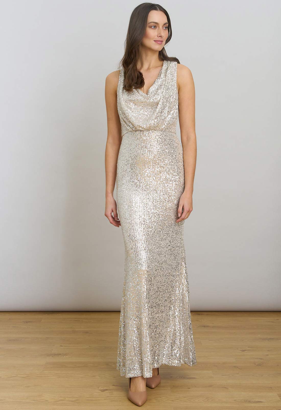 Gina Bacconi Silver Terri Sequin Maxi Dress