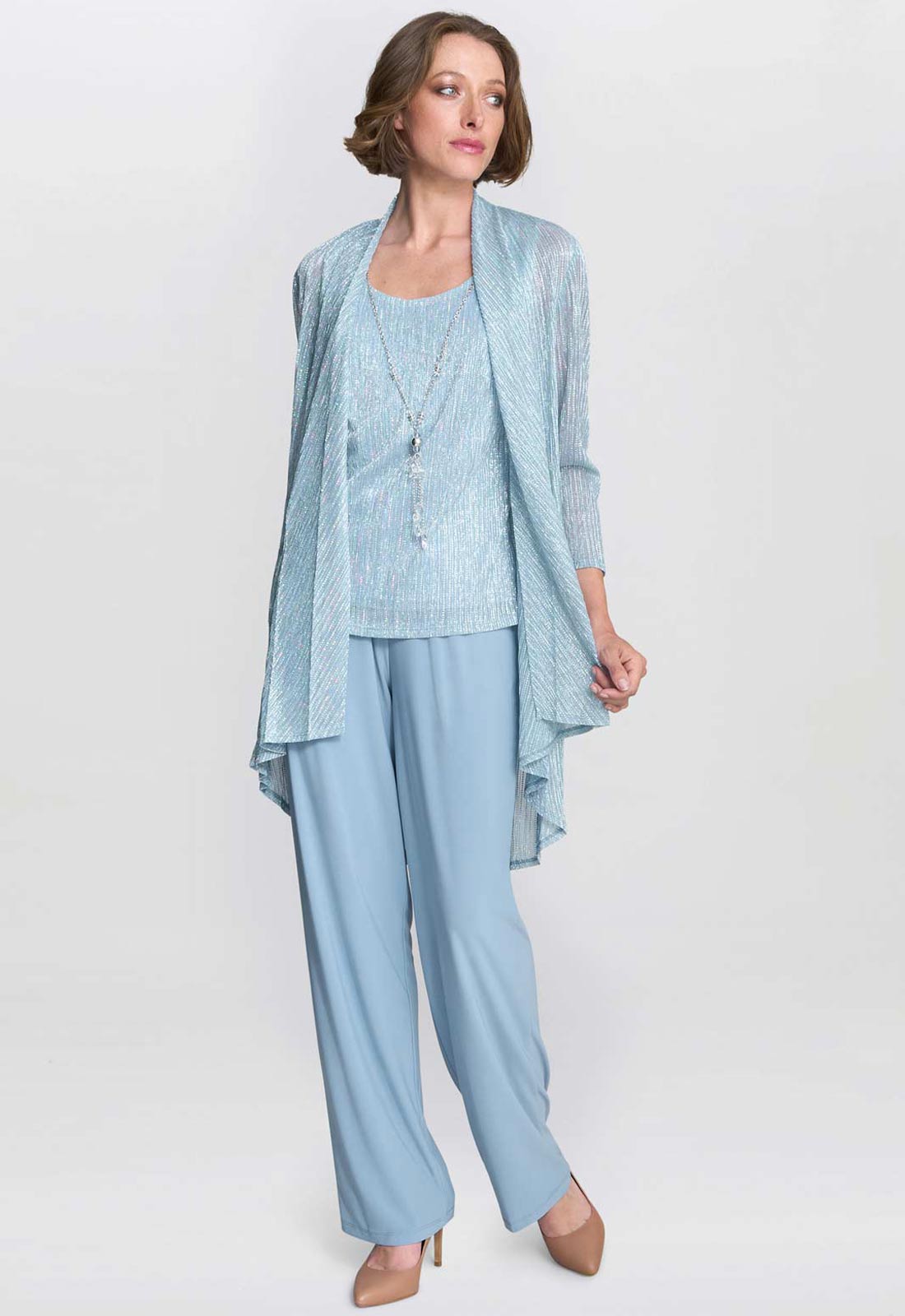 Gina Bacconi Blue Tina Three Piece Metallic Crinkle Trouser Suit