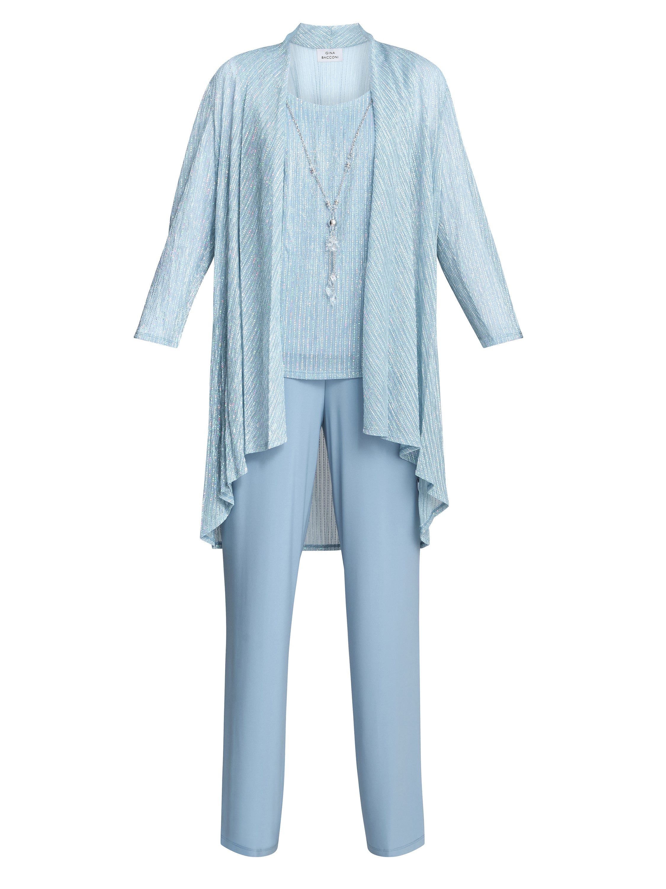 Gina Bacconi Blue Tina Three Piece Metallic Crinkle Trouser Suit
