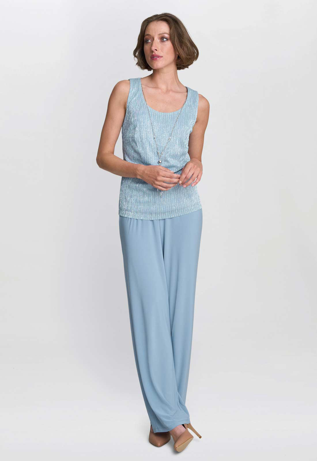 Gina Bacconi Blue Tina Three Piece Metallic Crinkle Trouser Suit