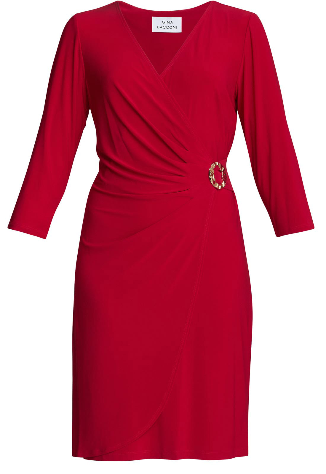 Red dress with a belt and floral detail on a white background