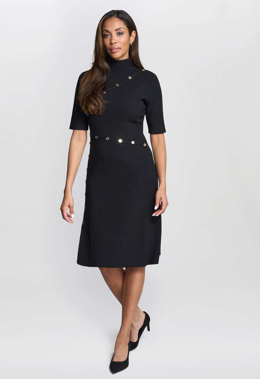 Gina Bacconi Black / Gold Vickie Button Detail Knit Dress