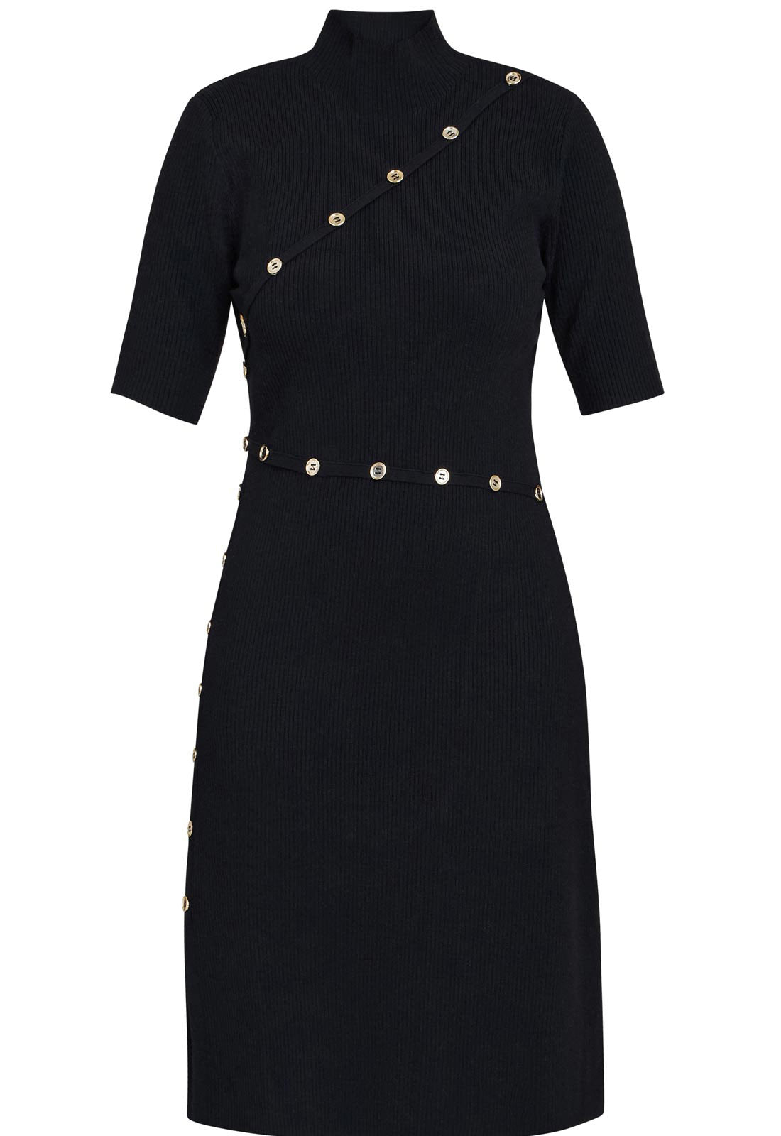 Gina Bacconi Black / Gold Vickie Button Detail Knit Dress