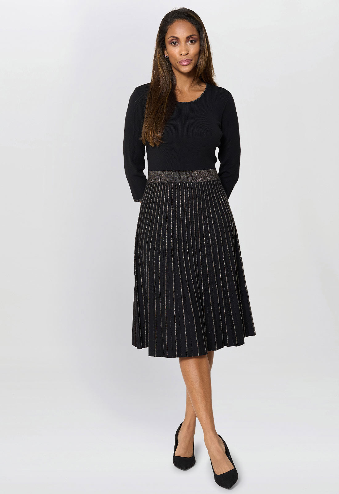 Gina Bacconi Black Apple Pleated Midi Dress