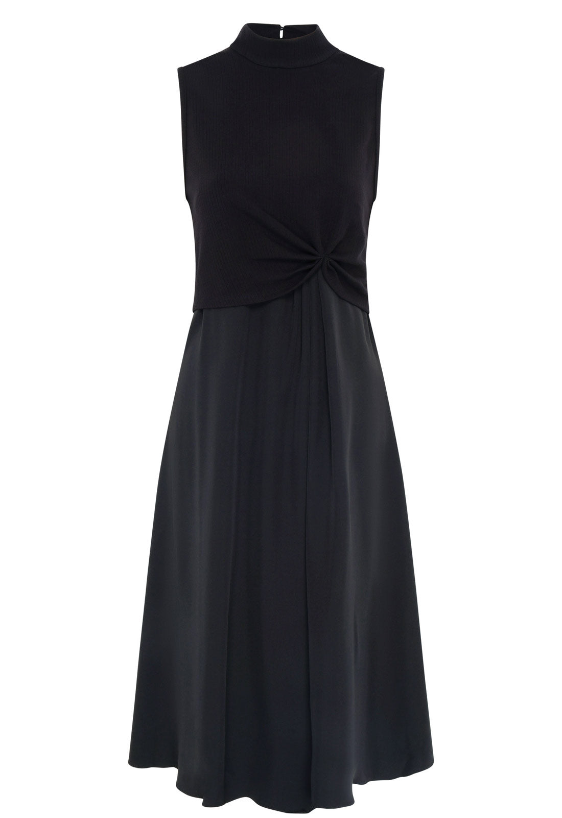 Black sleeveless dress with a knot detail on a white background